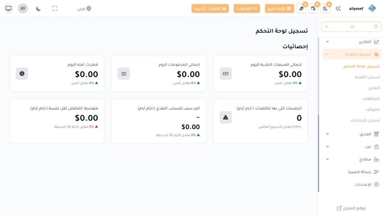 لوحة الصندوق داخل التطبيق: بطاقات لإجمالي المبيعات النقدية والمدفوعات وحركات الإيداع الآمن، ومؤشرات للجلسات ذات الفروقات ومتوسط الفرق وأسباب السحب. يتيح التنقل الوصول إلى الصناديق والتقارير والموافقات والطوائف والإعدادات. تعرض اللقطة حالة بلا نشاط نقدي مسجل، وليست دليلاً على أداء مالي.