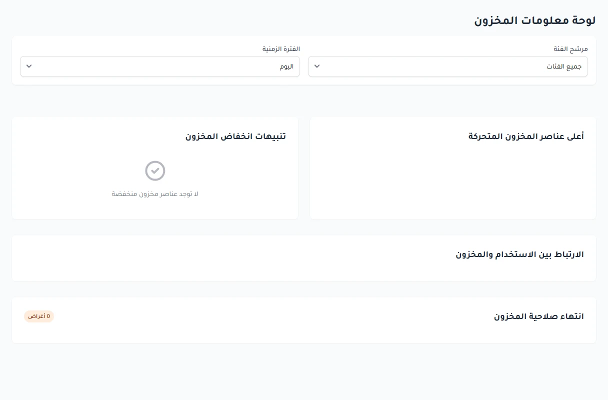 واجهة المخزون بحالة فارغة، دون سجلات عملاء.