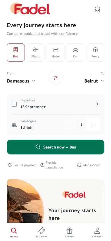 البحث بين خدمات السفر الخمس في معاينة الواجهة.