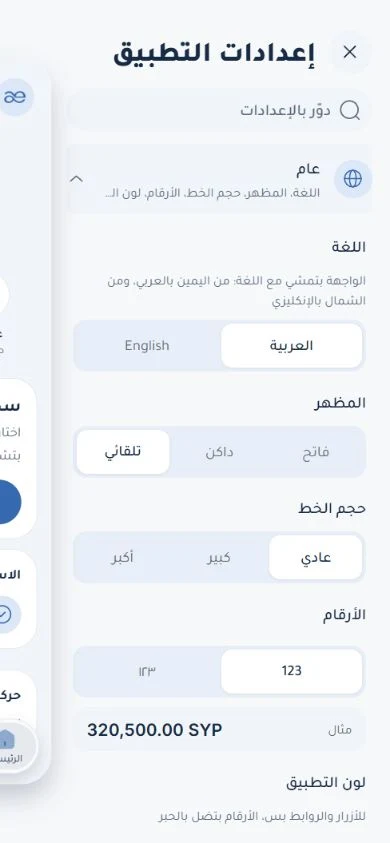 إعدادات التطبيق — العربية أو الإنكليزية مع اتجاه واجهة يتبع اللغة، ومظهر فاتح أو داكن أو تلقائي، وثلاثة أحجام للخط، واختيار شكل الأرقام مع مثال للمبلغ. يظهر أيضاً مدخل لون التطبيق. هذه خيارات لراحة القراءة وطريقة العرض؛ لا تغيّر القيم المالية نفسها.